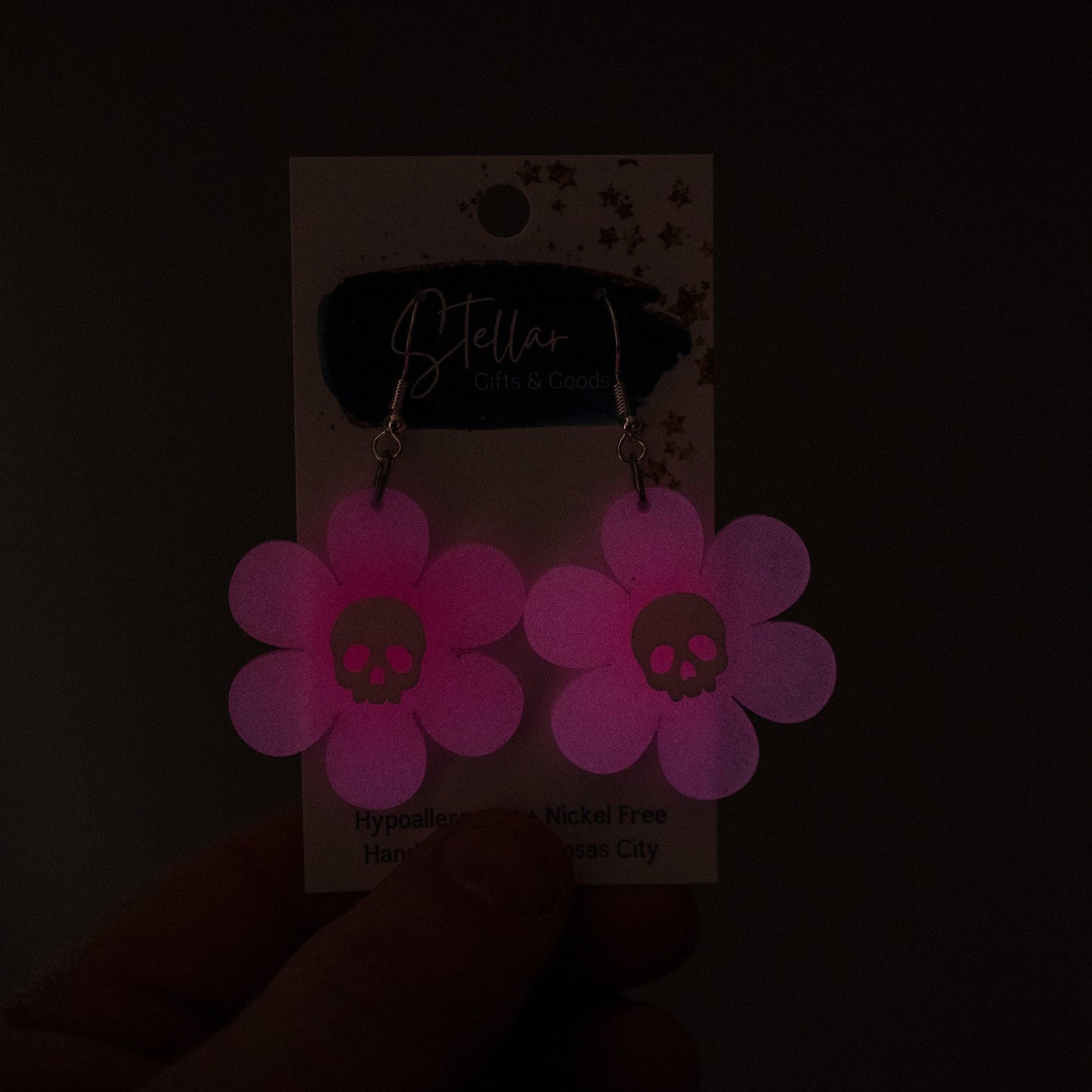 Glow in the Dark Pink Daisy with Skull Dangles