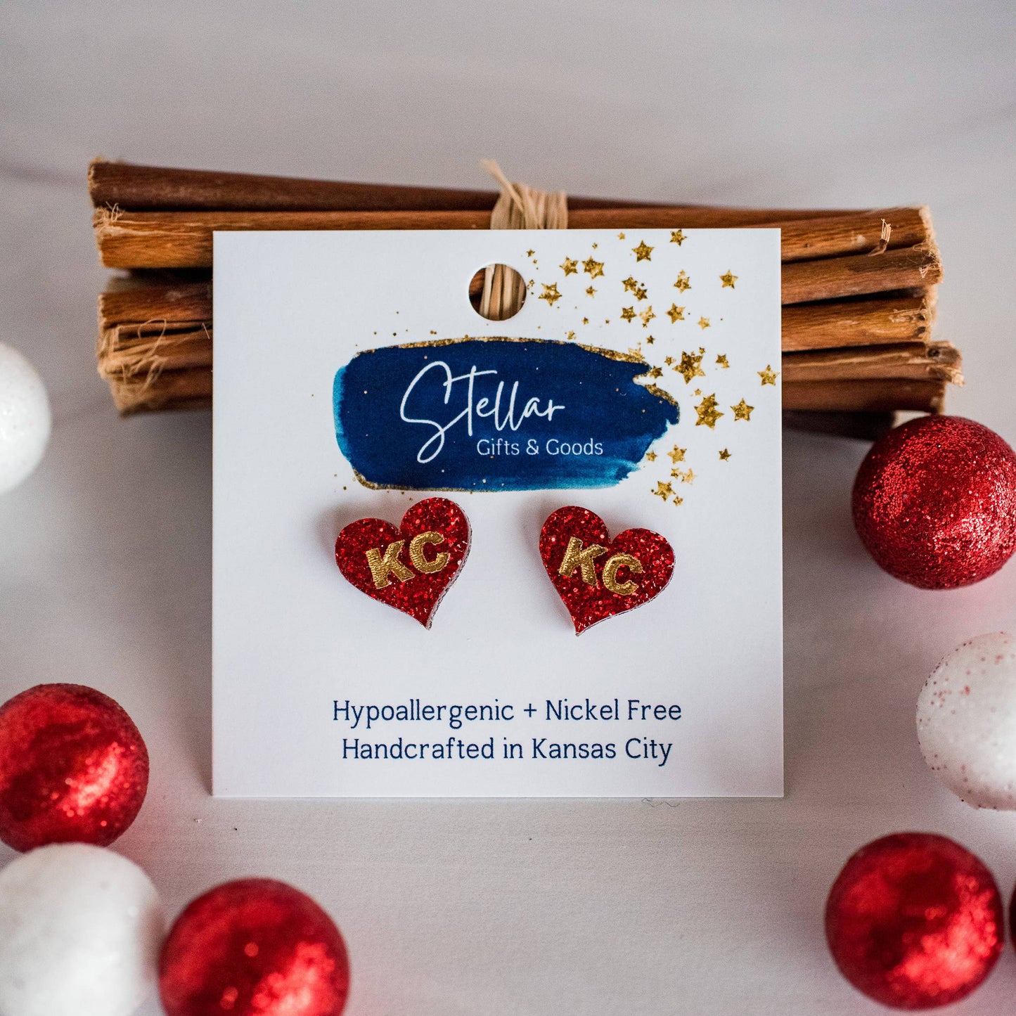 Kansas City Football Hand Painted Red Glitter KC Heart Studs
