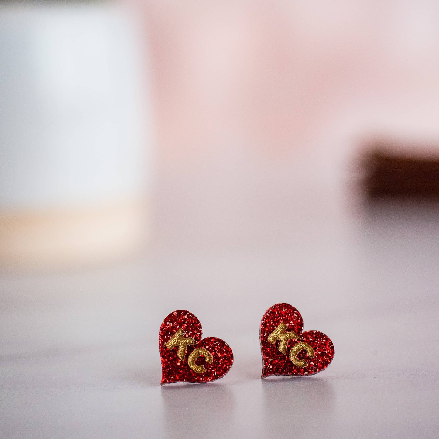Kansas City Football Hand Painted Red Glitter KC Heart Studs