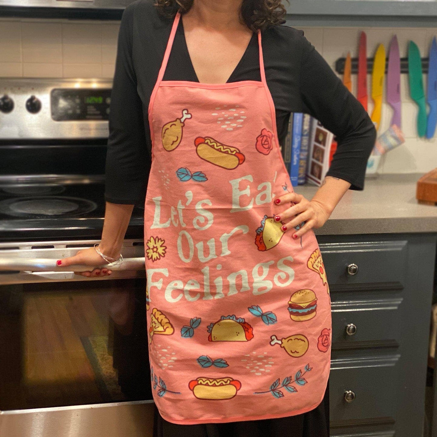 Let's Eat Our Feelings Apron Funny Quote Hilarious Saying: Apron / Pink