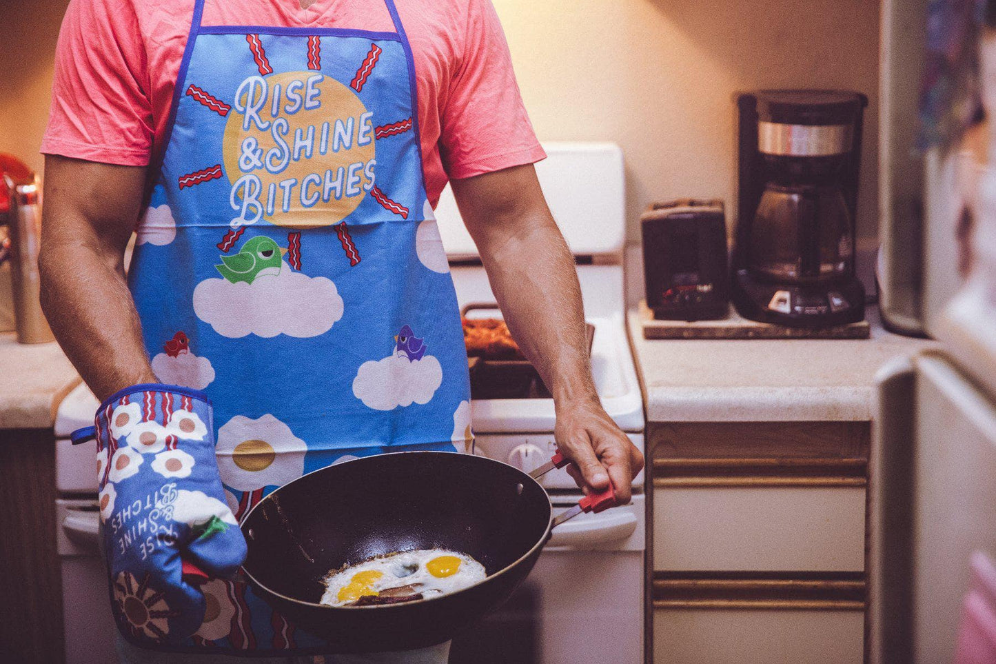 Rise And Shine Bitches Oven Mitt + Apron: Apron / Blue