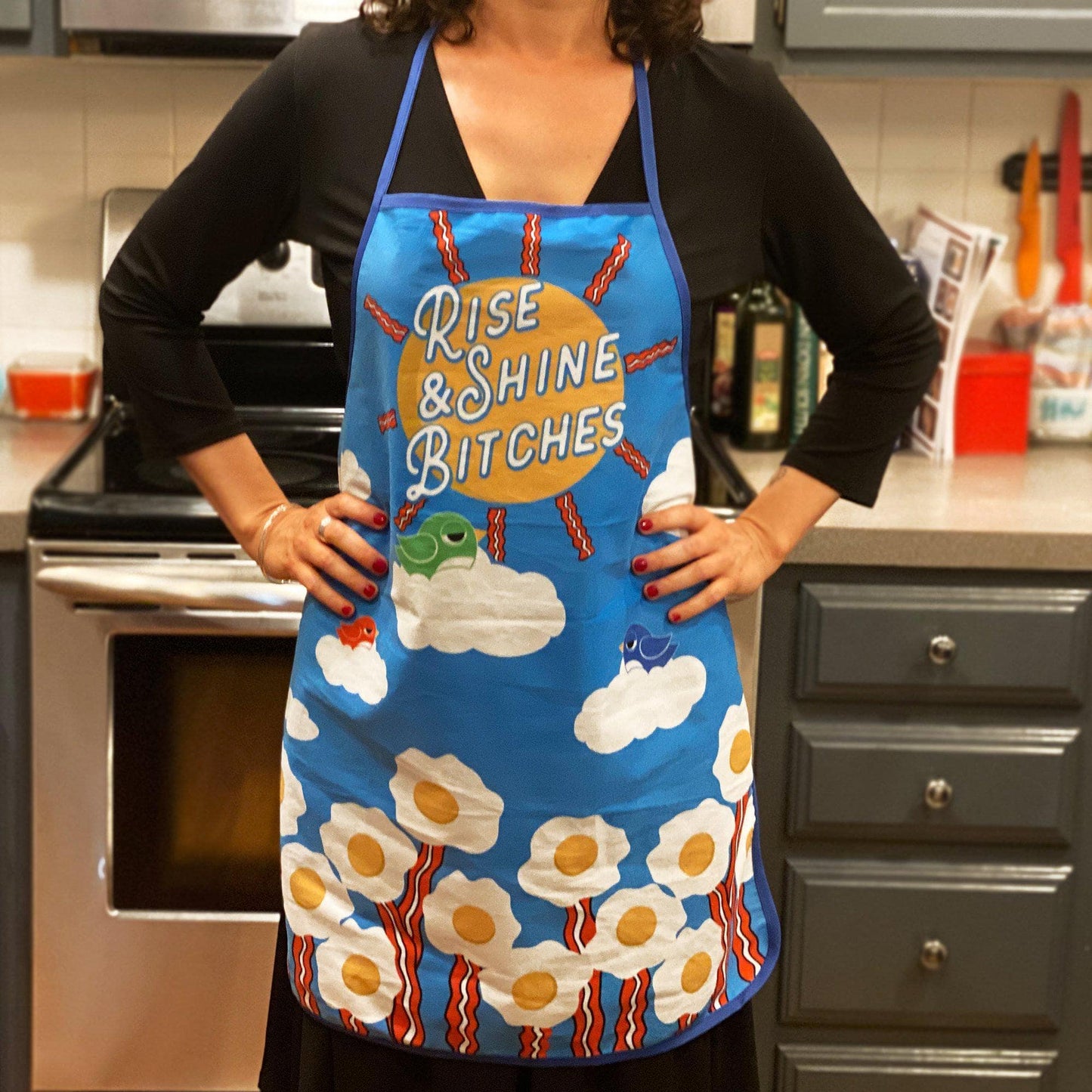 Rise And Shine Bitches Oven Mitt + Apron: Apron / Blue