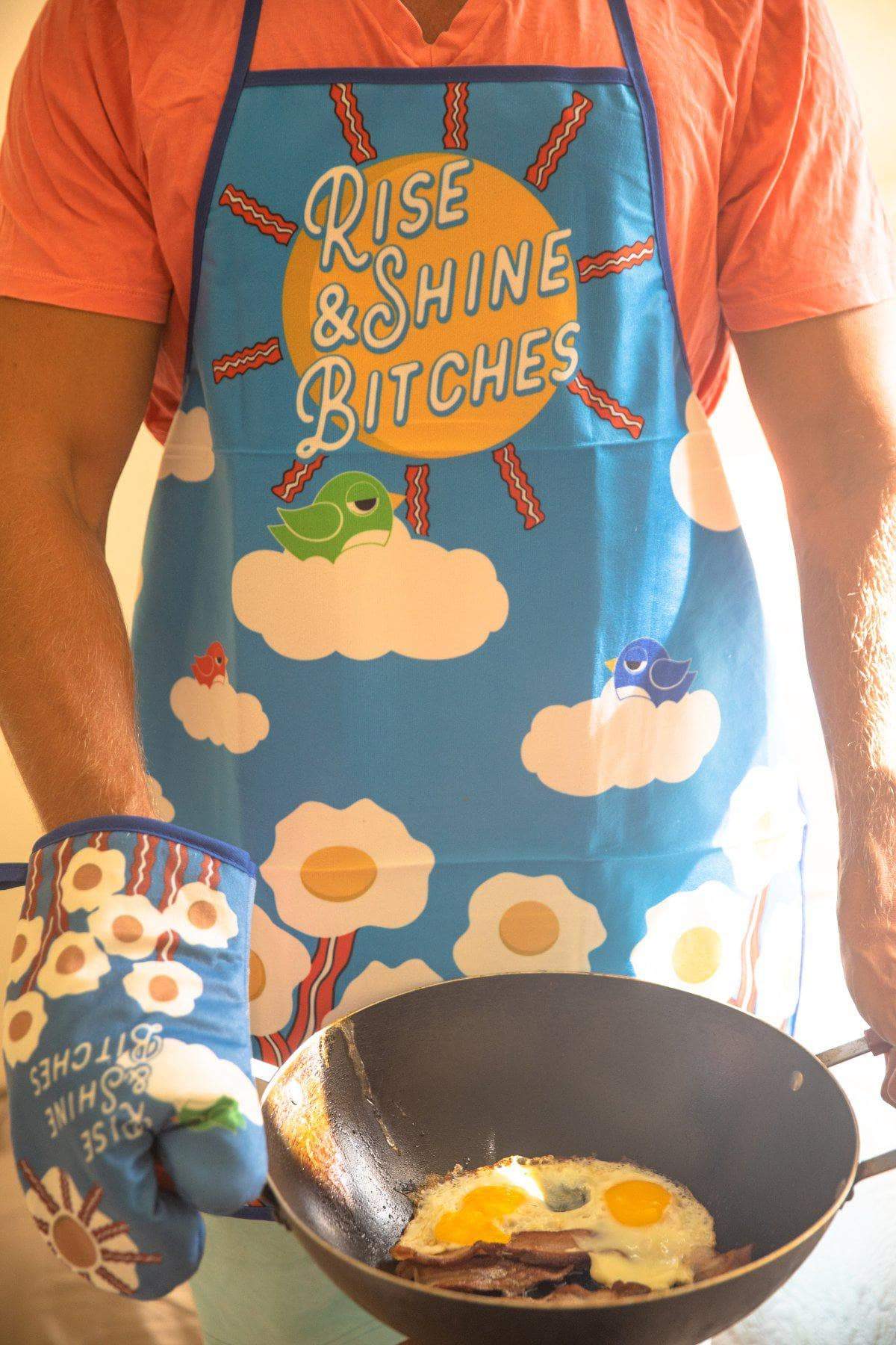 Rise And Shine Bitches Oven Mitt + Apron: Apron / Blue