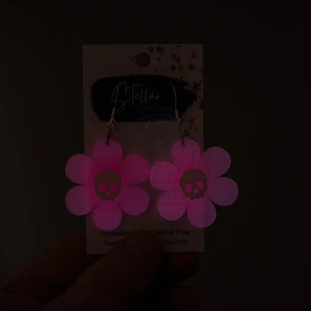 Glow in the Dark Pink Daisy with Skull Dangles