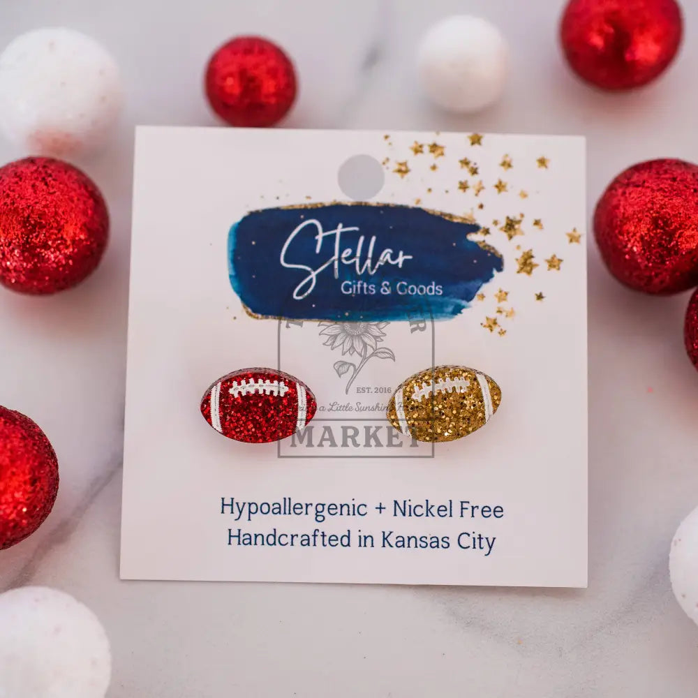 KC Football - Glitter Hand Painted Football Studs Red & Gold