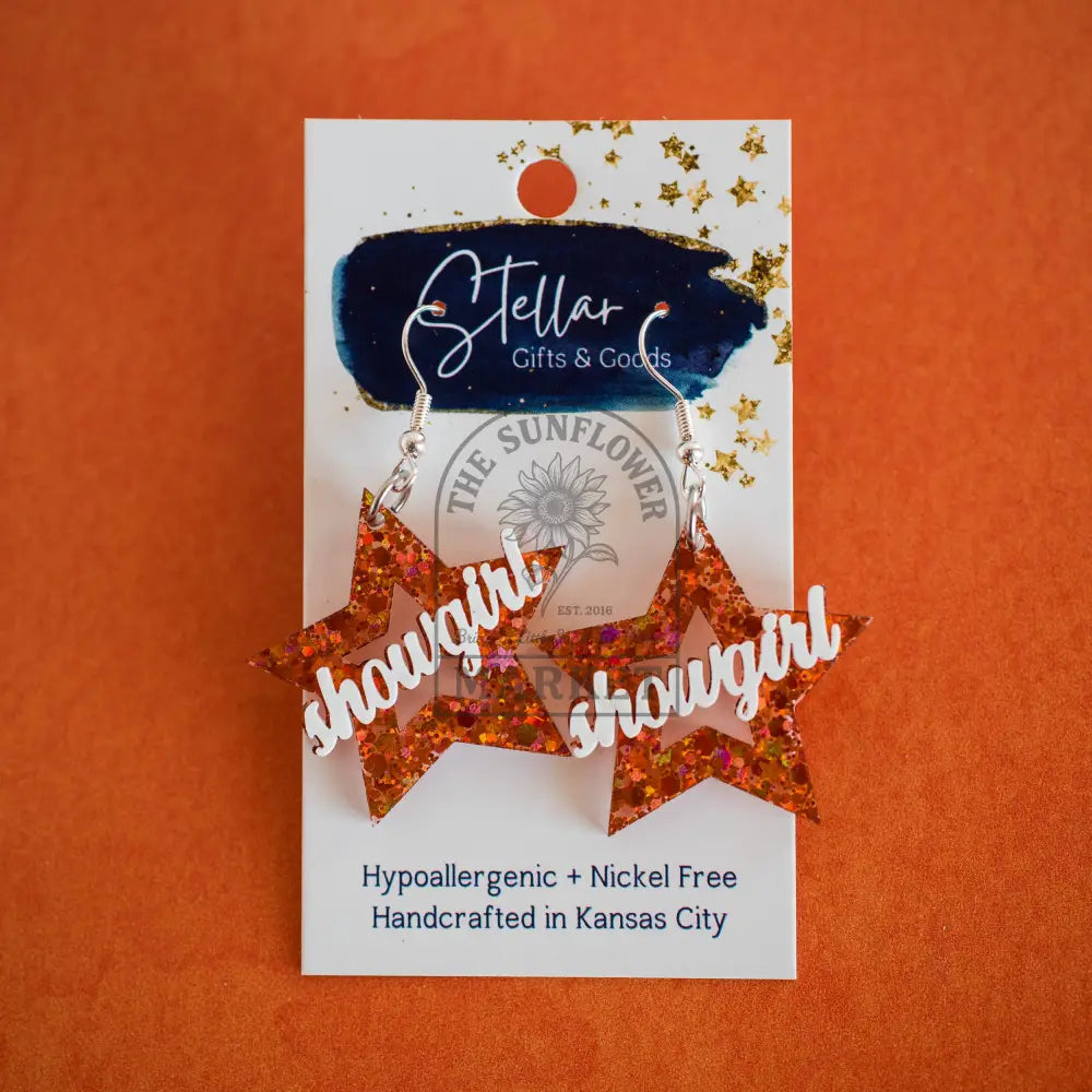 Showgirl Star Dangles - Orange Confetti Glitter Earrings