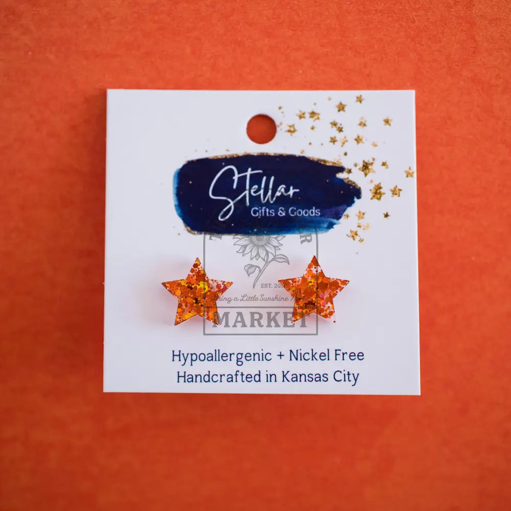 Star Studs - Orange Confetti Glitter - Showgirl Earrings