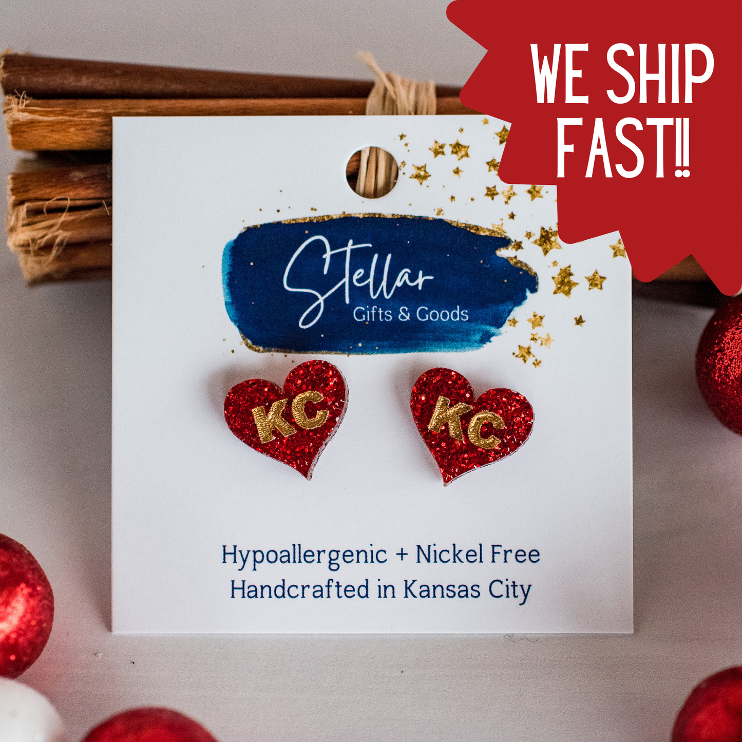 Kansas City Football Hand Painted Red Glitter KC Heart Studs