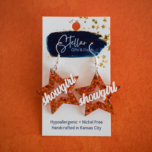 Showgirl Star Dangles - Orange Confetti Glitter Earrings