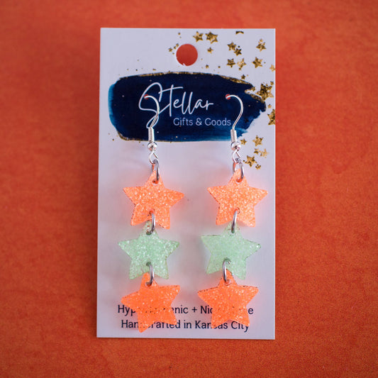 Triple Star Dangles - Orange & Mint Showgirl Earrings