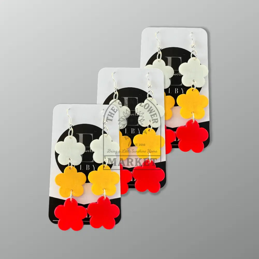 3 Flower Earrings Team Color Earrings - White/GoldenRod/Red / Gold
