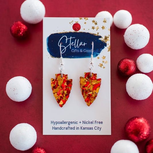 KC Football - Petite Glitter Flake Arrowhead Dangles Red Gol