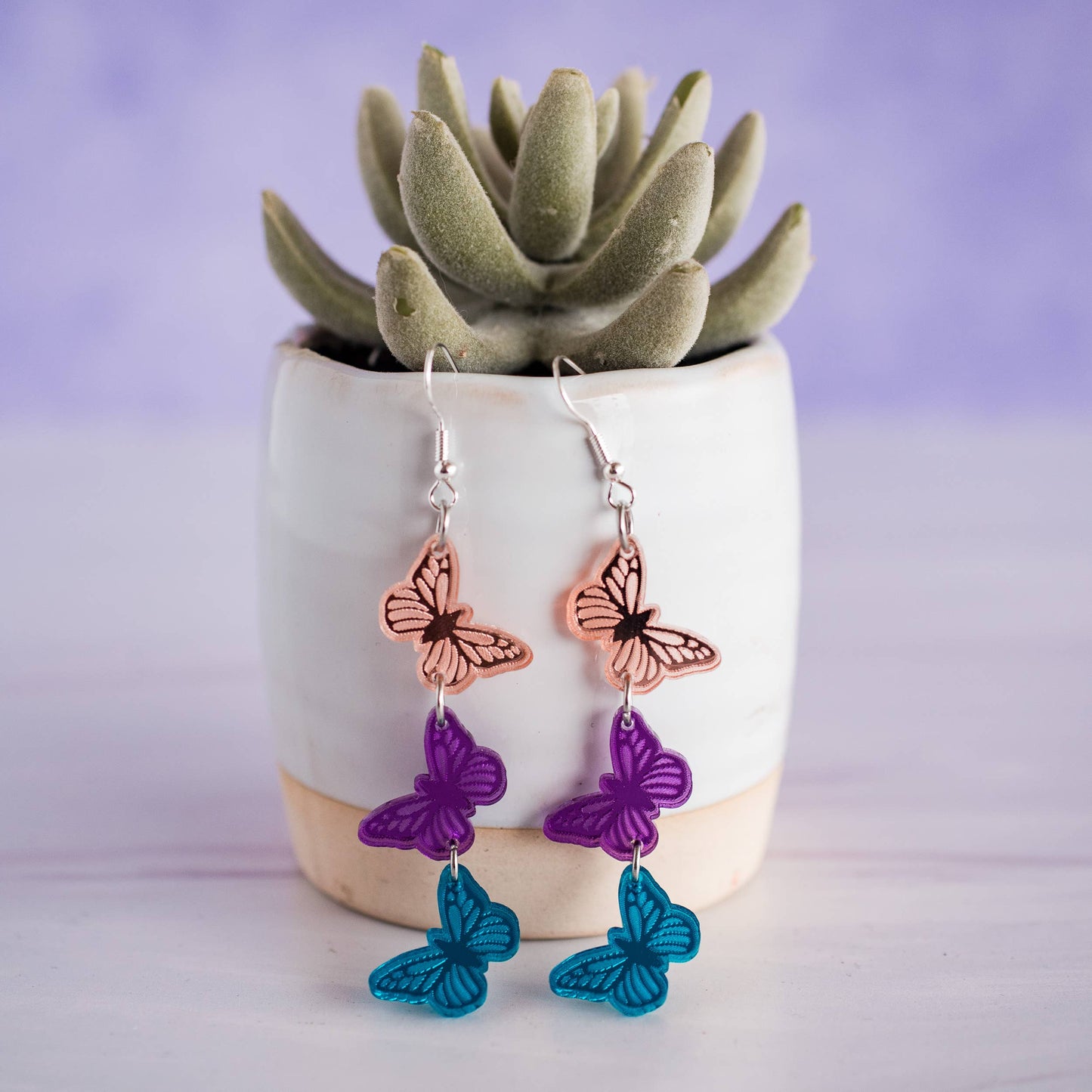 Three Butterfly Drop Dangles Spring Garden Earrings