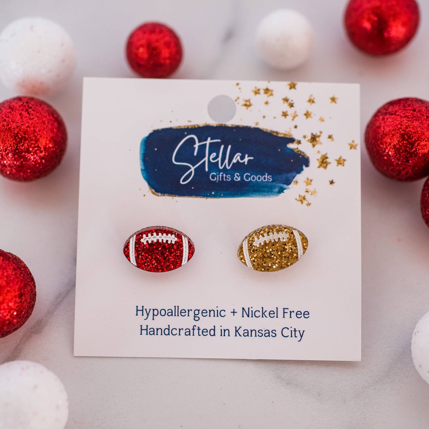 KC Football - Glitter Hand Painted Football Studs Red & Gold