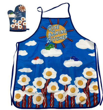 Rise And Shine Bitches Oven Mitt + Apron: Apron / Blue