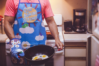 Rise And Shine Bitches Oven Mitt + Apron: Apron / Blue