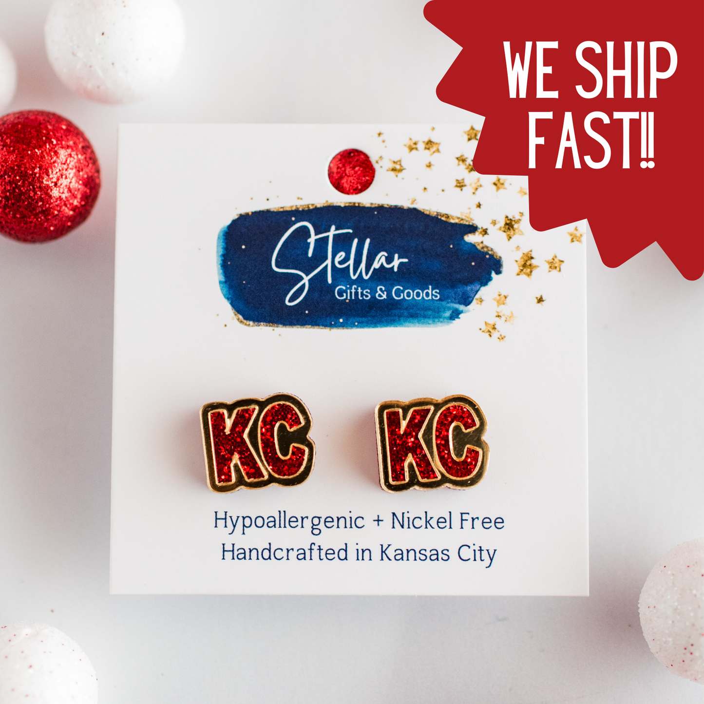 KC Football - KC Studs Red Glitter & Gold Mirror Kansas City