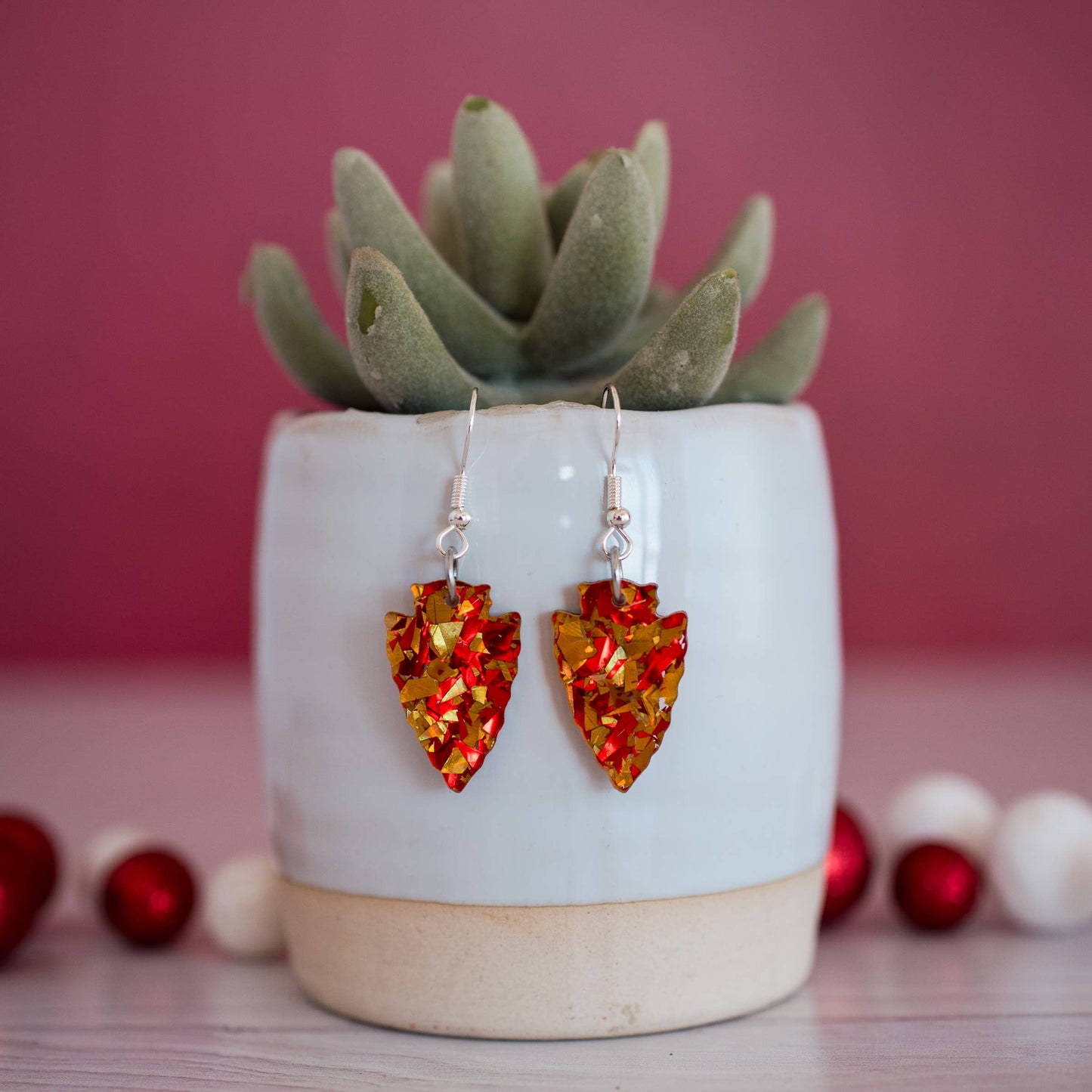 KC Football - Petite Glitter Flake Arrowhead Dangles Red Gol