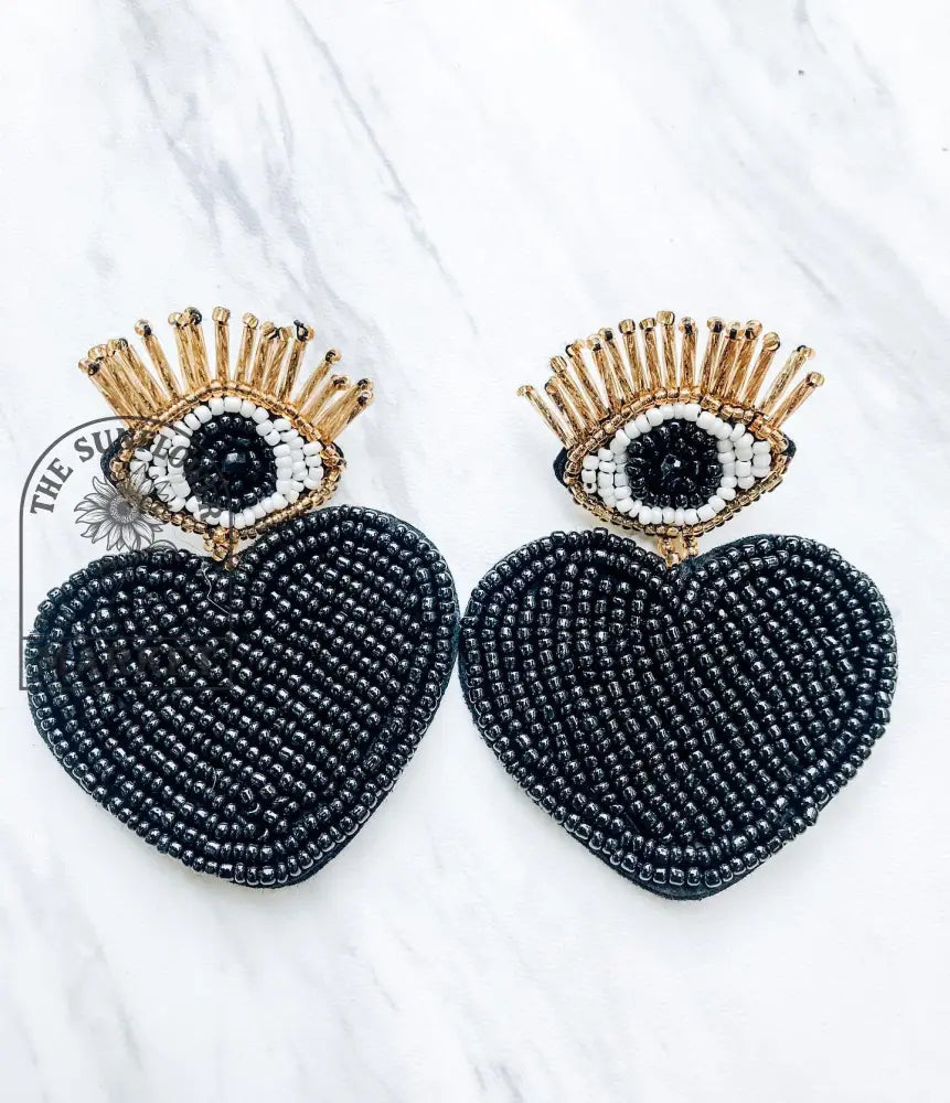 Earrings - Black Beaded Evil Eye