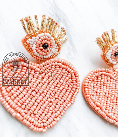 Earrings - Pink Evil Eye Embroidered