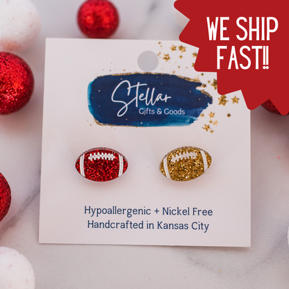 KC Football - Glitter Hand Painted Football Studs Red & Gold