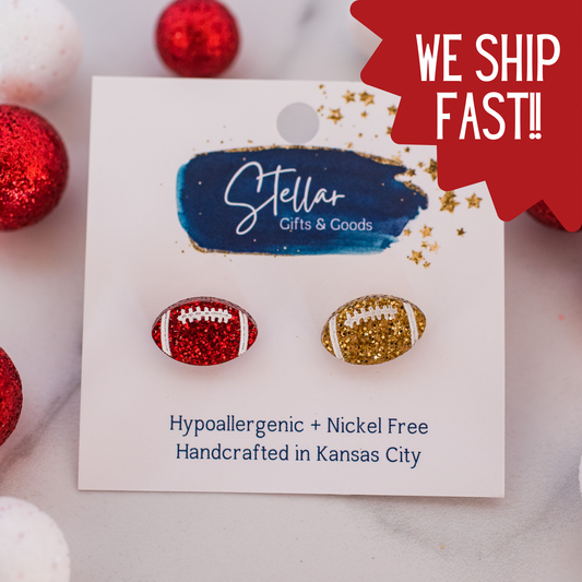 KC Football - Glitter Hand Painted Football Studs Red & Gold