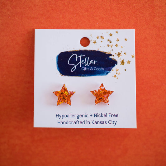 Star Studs - Orange Confetti Glitter - Showgirl Earrings
