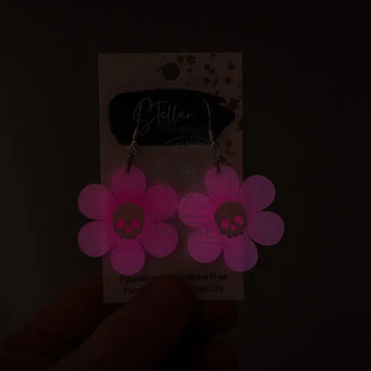 Glow in the Dark Pink Daisy with Skull Dangles