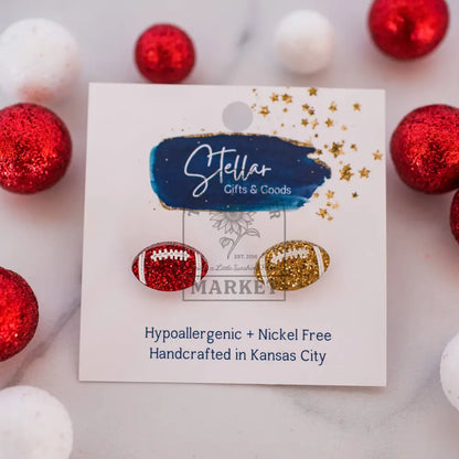 KC Football - Glitter Hand Painted Football Studs Red & Gold