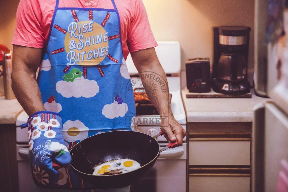 Rise And Shine Bitches Oven Mitt + Apron: Apron / Blue