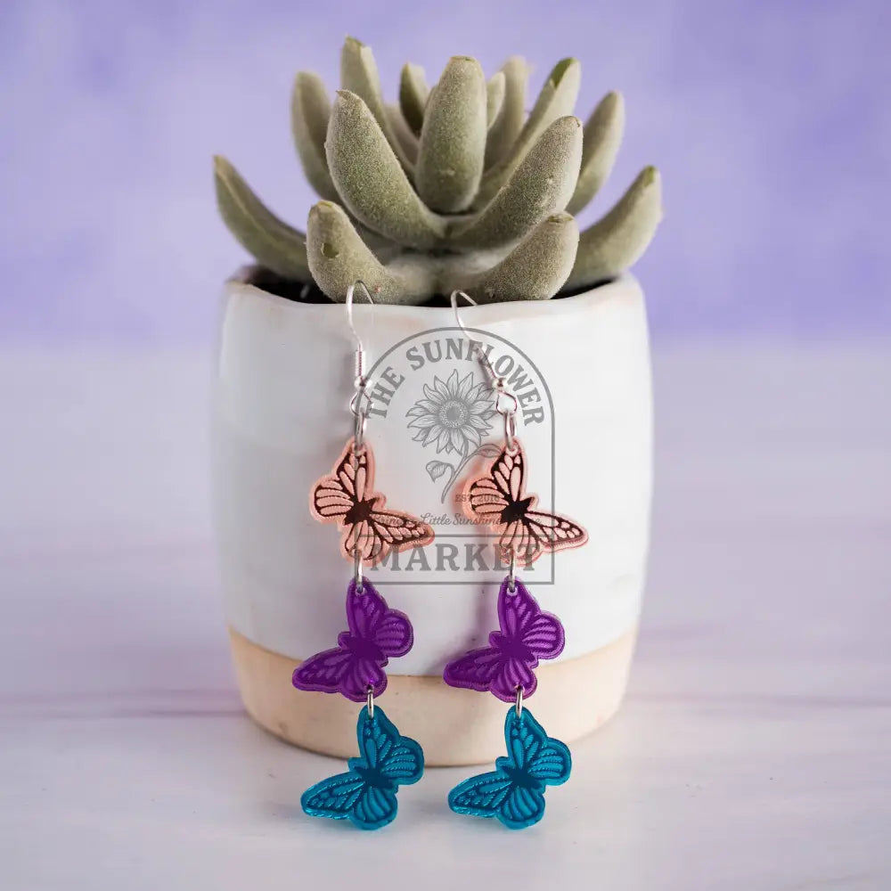 Three Butterfly Drop Dangles Spring Garden Earrings