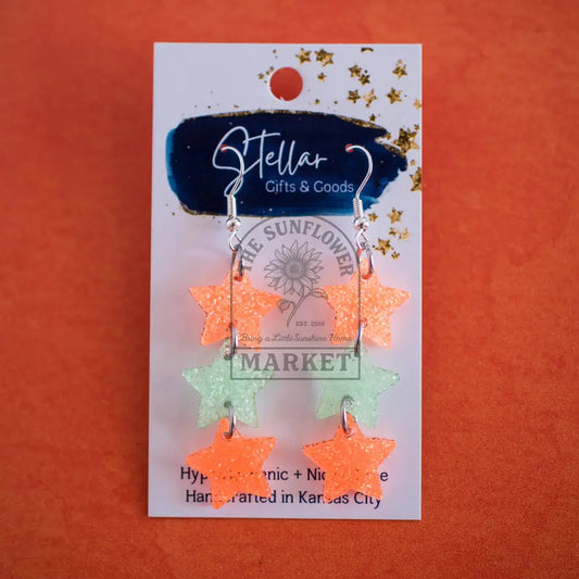 Triple Star Dangles - Orange & Mint Showgirl Earrings