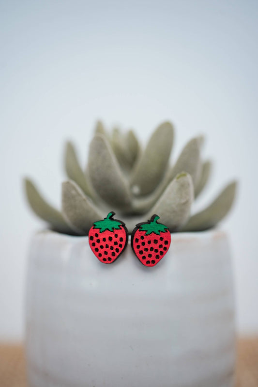 Hand Painted Strawberry Wood Studs